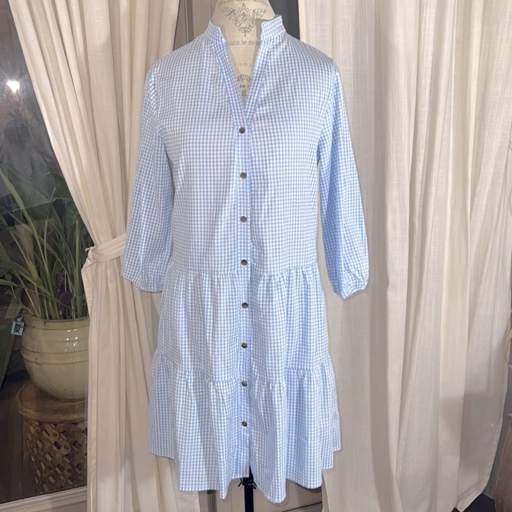 White & baby blue plaid prairie dress Dorothy style lightweight cool loose fit S - Picture 2 of 12